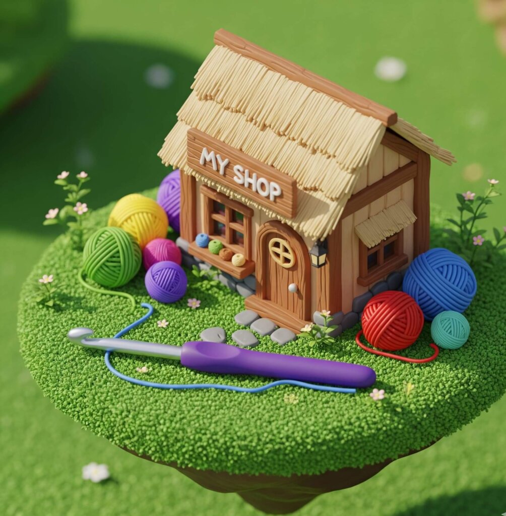サーバーとドメインを象徴する、浮島に建つ小さなハンドメイドショップと色とりどりの毛糸・かぎ針のイラスト