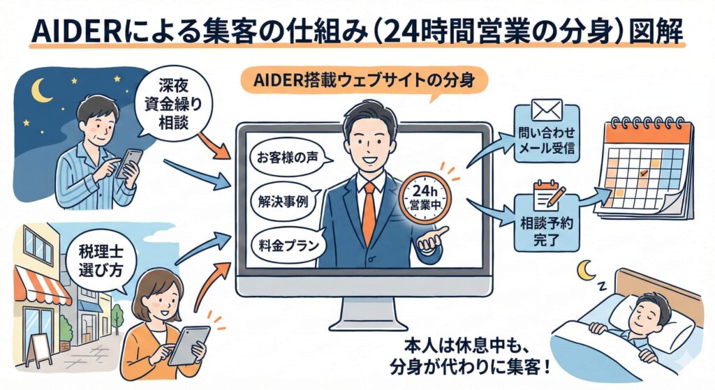 AIDERによる集客の仕組み（24時間営業の分身）の図解