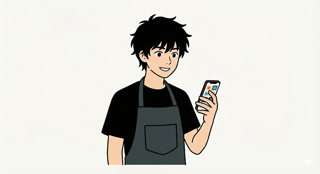 ココナラでロゴ作成のデザイナーをスマホで楽しそうに探している、八百屋の若店主のイラスト