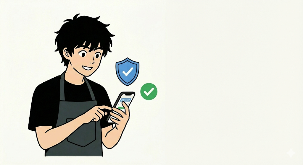 ココナラの安全な仲介決済システムを利用して、スマホで安心してロゴ制作料金を支払う八百屋の店主のイラスト