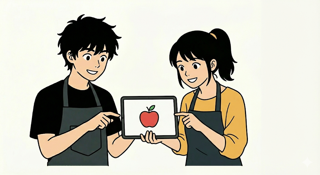 デザイナーから提案されたリンゴのロゴデザイン案を、タブレットで楽しそうに確認する八百屋の若夫婦のイラスト