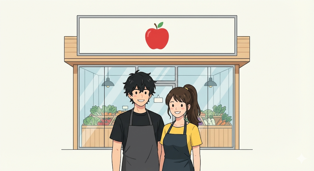 完成した新しいロゴ看板を掲げた、おしゃれな八百屋の前で誇らしげに立つ店主夫婦のイラスト