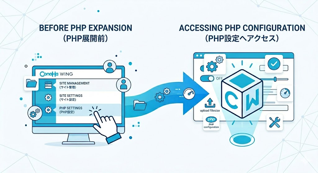 ConoHa WINGの「サイト設定」から「応用設定」を開くイメージ